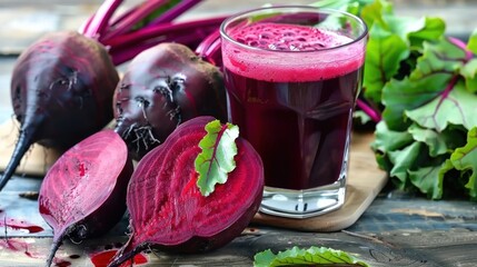 a glass of fresh beet juice and beets fruit