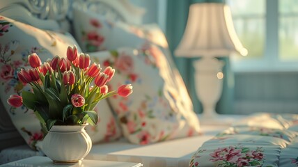 Naklejka na ściany i meble Classic bedroom ambiance with tulips on bedside and floral patterned pillows casting a warm glow