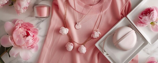 Feminine Elegance: Stock images feature an International Women's Day theme with a stylish peonies flat lay.