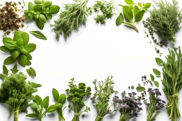 Variety of fresh herbs with copyspace isolated on white
