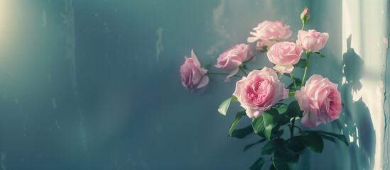 Soft pink roses in ethereal light against a textured window, conveying a peaceful ambiance, suitable for Mother's Day promotions or serene floral backgrounds - obrazy, fototapety, plakaty