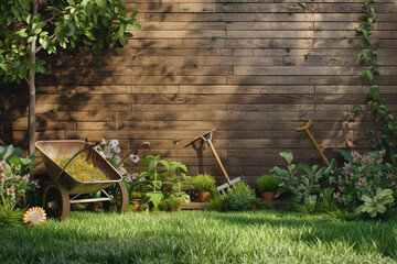 Backyard gardening equipment in the backyard - obrazy, fototapety, plakaty