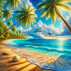 Cruise boat, palm in beautiful style, ocean background