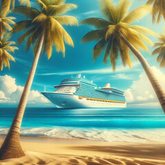 Cruise boat, palm in beautiful style, sea background