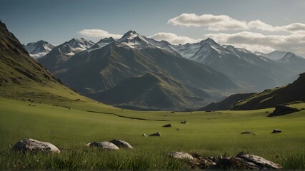 Fototapeta na wymiar Closeup shot of a landscape with fresh green grass and mountains in the background