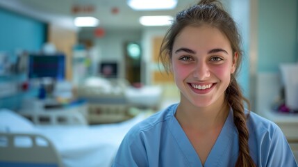 Fototapeta premium A young female nurse/doctor smiling at the camera, with the background of a hospital ward.