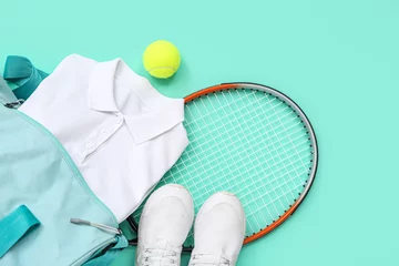 Fotobehang Sport bag, shoes, tennis racket and ball on cyan background © Pixel-Shot