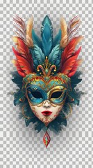 colorful carnival mask with feathers isolated on transparent background