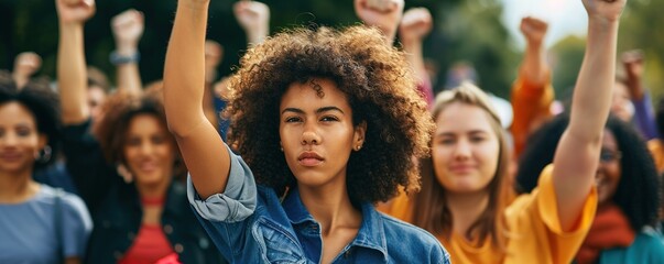 Fototapeta premium Group of mixed race people raising fists in the air, concept of protests social justice and equality