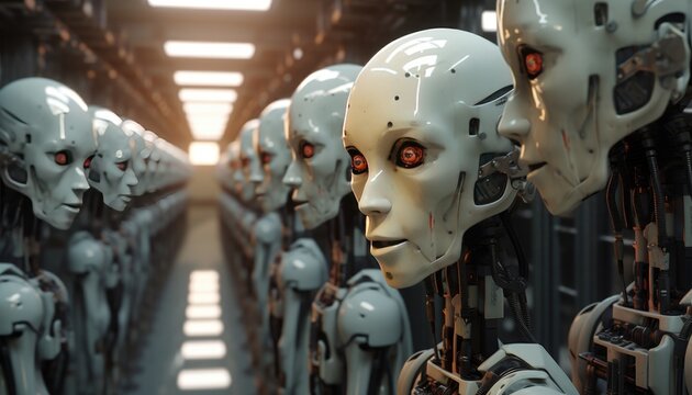 3D rendering of a group of robot heads in a factory