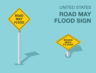 Traffic regulation rules. Isolated United States road may flood sign. Front and top view. Flat vector illustration template.