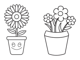 Flowers and pots, interior design, beautiful flowers plants, Plant outline drawing vector set, succulents in pots. Flowers in a pot.