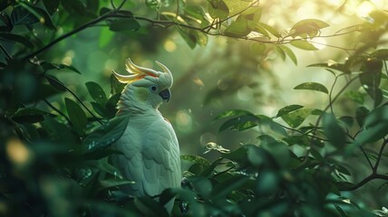 Sulphur-crested cockatoo nestled among lush green foliage basking in soft sunlight