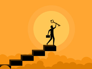 Businessman standing on the stairs grabbing the key to success