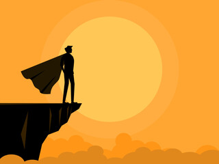 Leader. Businessman hero standing on cliff