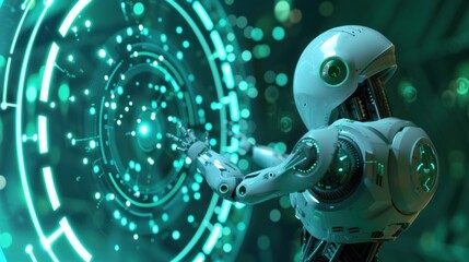 Fototapeta premium white robot touching technology circle