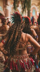 Lets dance all our troubles away. Cropped shot of beautiful samba dancers performing in a carnival with their band.