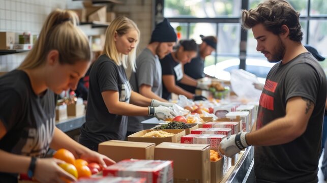 Volunteers packing food boxes for charity at a local food bank