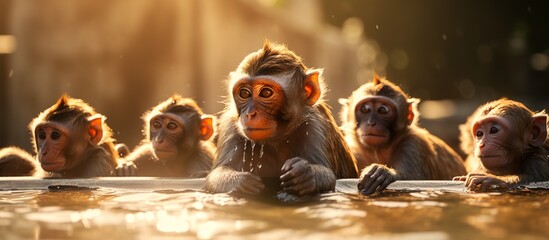Portrait of a group of Javanese monkeys drinking water in a river to stave off hunger - obrazy, fototapety, plakaty