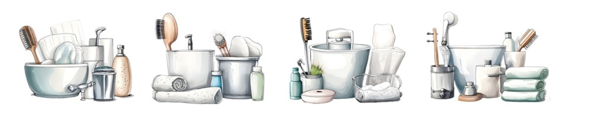 Illustration bathroom supplies isolated on a transparent PNG background, white background , Generative Ai