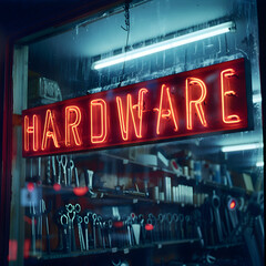Hardware store with a neon sign 