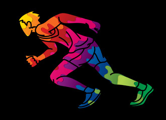 Fototapeta na wymiar A Man Running Action Speed Movement Marathon Runner Cartoon Sport Graphic Vector