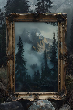 Painting in a golden antique frame in front of a mountain