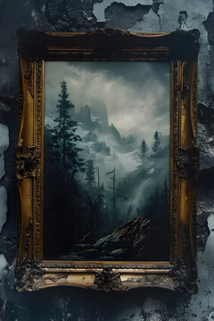 Painting in a golden antique frame in front of a mountain