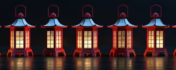 Paper red-white asian japanese chinese lanterns chochin akachochin shines on dark sky. A garland of...