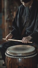 performance of Taiko , close-up Asian male drummer in black clothes, beats a rhythm on a Japanese drum