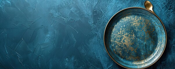 Pesach plate on a petrol blue background, with copyspace. Traditional Jewish seder on the occasion...