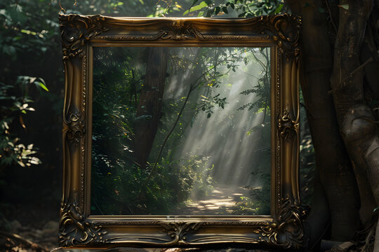 Painting in a golden antique frame in front of a forrest