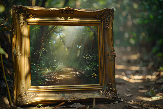 Painting in a golden antique frame in front of a forrest