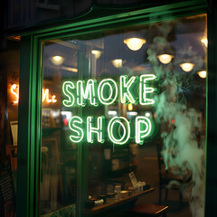 Green neon Smoke Shop sign in the window of a Smoke Shop 