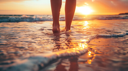Person standing on beach at sunset during summer vacation, slow-motion closeup of legs and feet in sea water - relaxation, travel, and nature