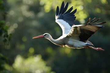 White stork flies against background of greenery. Flying bird in nature