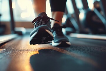 Close-up of a woman's legs in black sneakers on a treadmill in the gym.