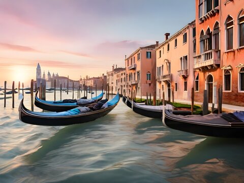 A scene of Venice at sunset, with gondolas on shimmering water reflecting the pastel-colored buildings Generative AI