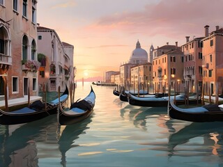 A scene of Venice at sunset, with gondolas on shimmering water reflecting the pastel-colored buildings Generative AI - obrazy, fototapety, plakaty