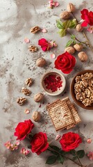 Passover celebration concept. Matzah, red kosher and walnut. Traditional ritual Jewish bread on sand color old concrete background. Passover food. Pesach Jewish holiday.