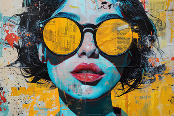 Obraz premium A woman with sunglasses,Mixed-Media colorful portrait pop art.
