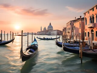 A scene of Venice at sunset, with gondolas on shimmering water reflecting the pastel-colored buildings Generative AI