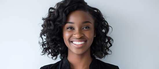 A stunning portrait of a beautiful black woman with curly hair wearing a black blazer, set against a clean isolated white background. She is smiling in the image.