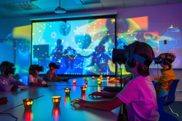 A modern classroom in the future, students learning through interactive 3D projections and virtual reality headsets ,Back to school concept
 - obrazy, fototapety, plakaty