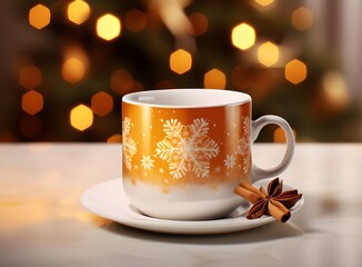 Obraz premium Winter morning christmas coffee cup with cookies and cocoa on bokeh light background