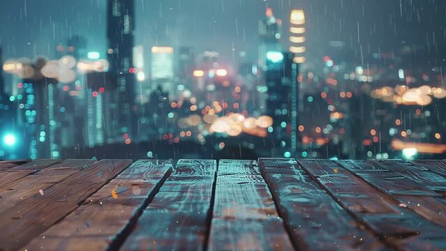 closeup view of wooden table against blurred city view at night. seamless looping overlay 4k virtual video animation background