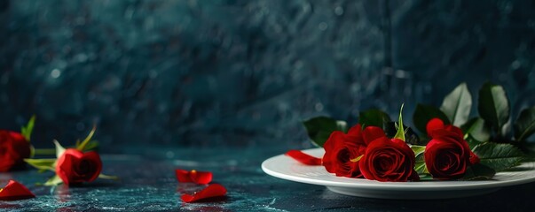 Valentines day table place setting with red roses and white plate on a dark background. Copy space.