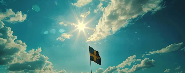 Foto op Canvas Swedish flag waving in the wind in the sky © Sanych