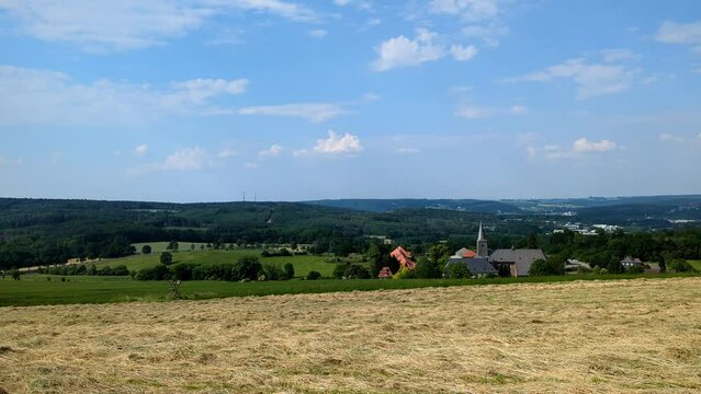 panorama of &ldquo;Kloster Oelinghausen&ldquo; historic convent, nunnery with church tower near Arnsberg Sauerland Germany.