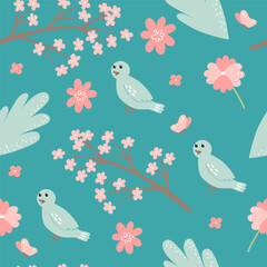 Vector pattern in doodle style with birds and cherry blossom branches. Delicate, spring floral background.